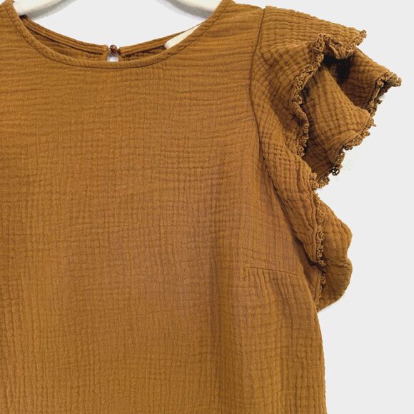 Sezane Top Women 34/US 2 Cafe Brown Ester Ruffle Sleeve 100% Cotton Gauze Boho - Picture 10 of 10